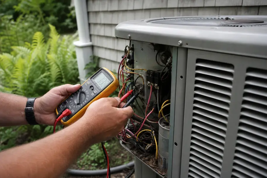 Technician checking an air conditioning system during a seasonal tune-up