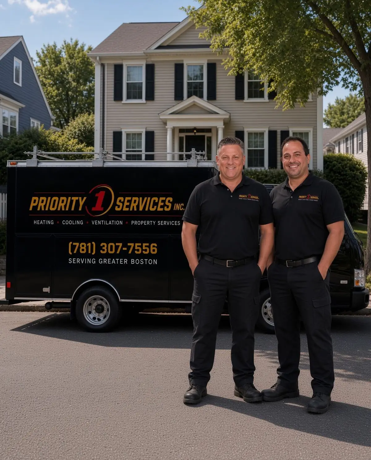 Hans Martin and Frankie Tringali with the Priority One Services truck outside a Greater Boston home